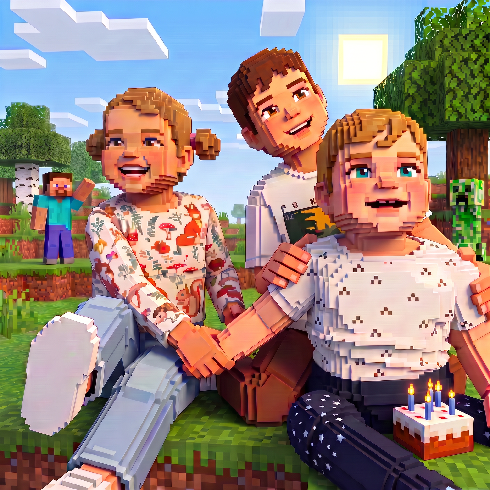 Mikołaj z rodzeństwem, Stevem i Creeperem w minecraftowym świecie urodzinowym